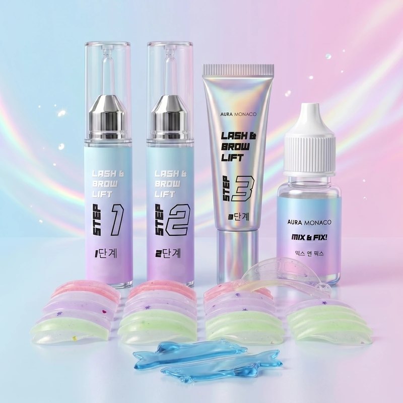 AURA Monaco Korean lash lift kit: step 1 and step 2 lotions, glue, Mix & Fix and silicone pads.