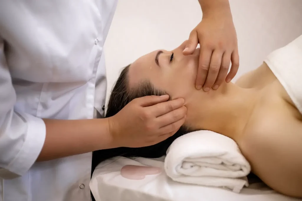 Gloved practitioner massages the jaw and lower face of a woman lying on a treatment table.