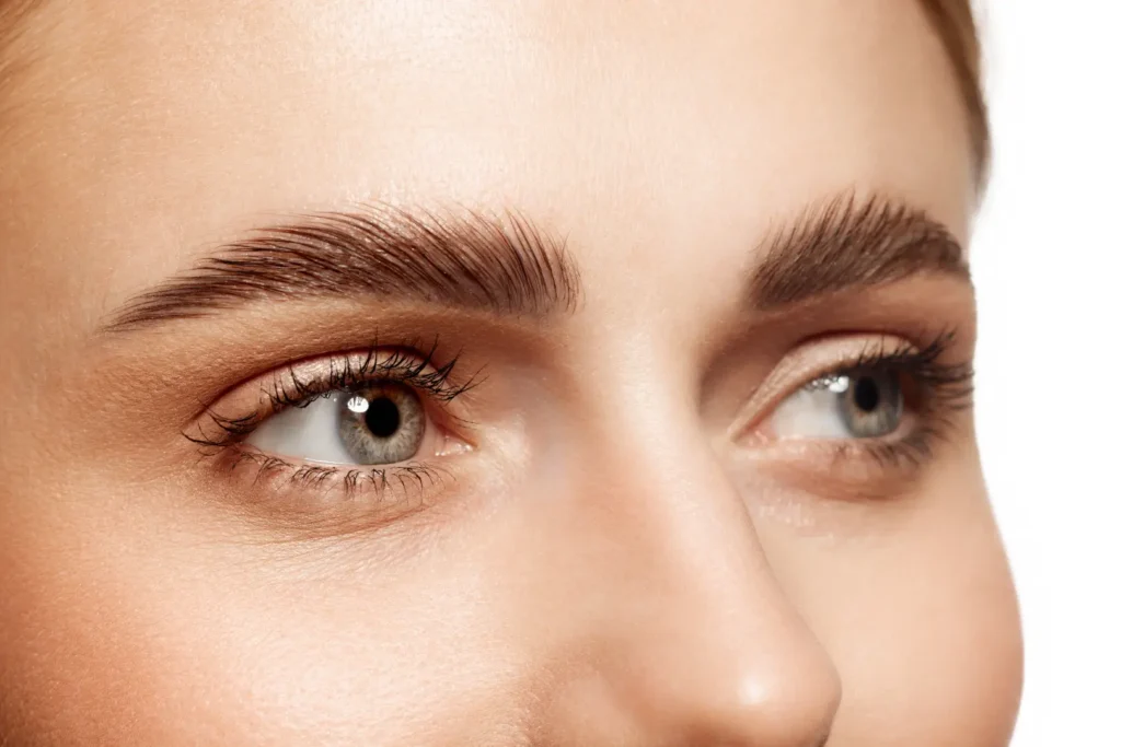 Close-up view of a woman's eyes showing defined eyebrows and natural-looking eyelashes.
