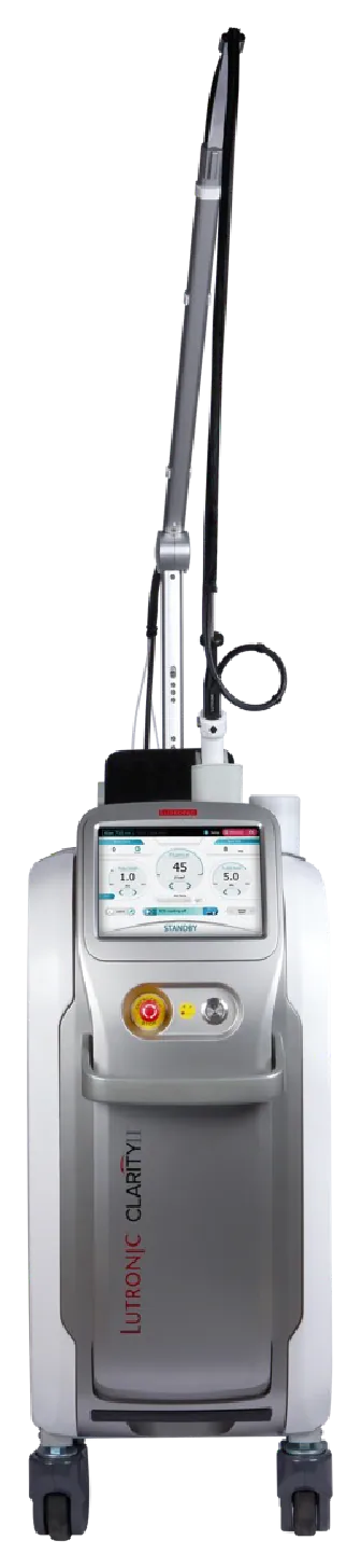 Lutronic Clarity II laser system with its touchscreen and treatment handpiece.